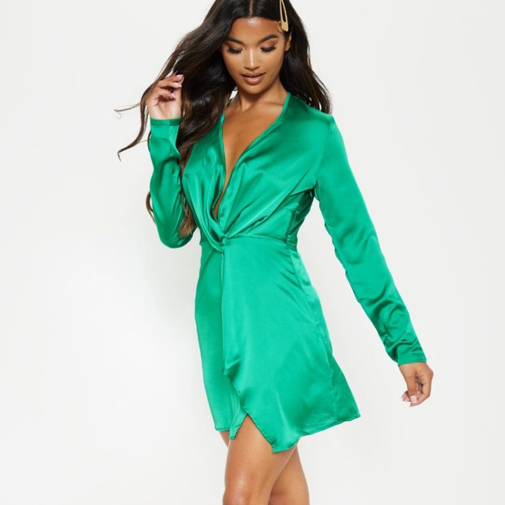 Pretty Little Thing Green Satin Wrap Dress